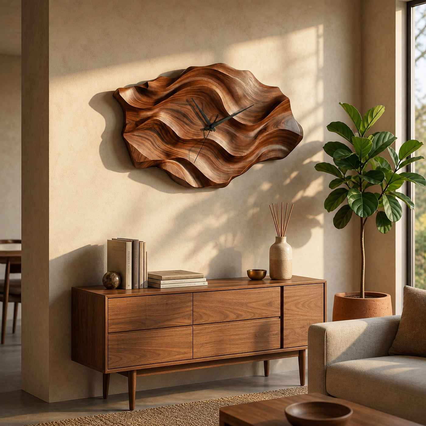 Artistic Wooden Wall Clock Wavy Design For Living Interior