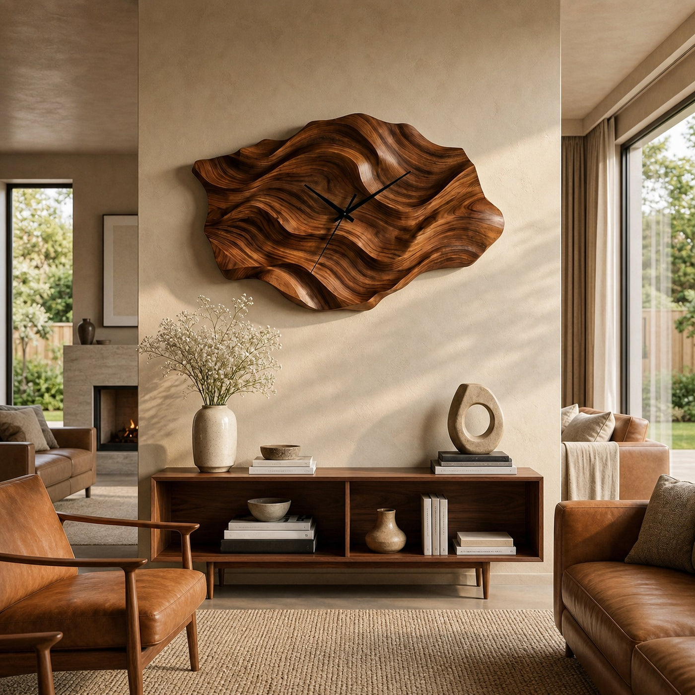 Artistic Wooden Wall Clock Wavy Design For Living Interior - product view 6