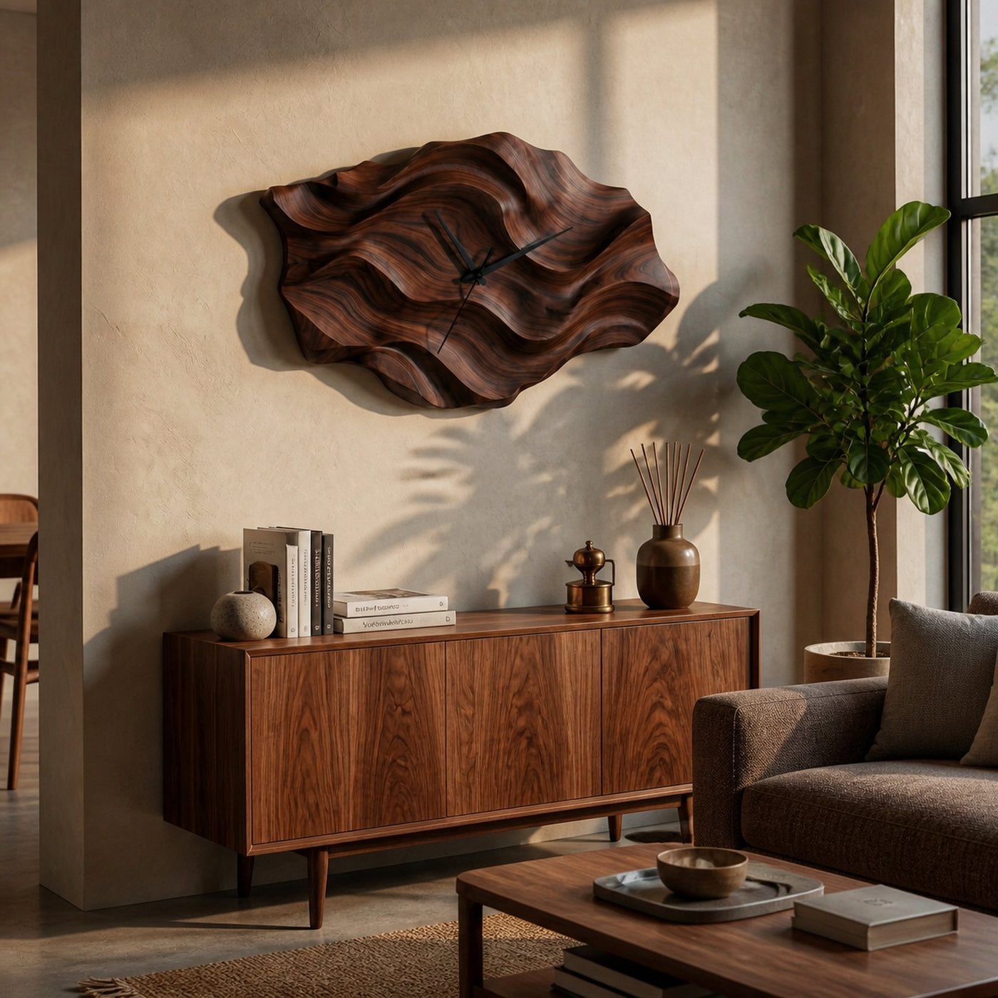 Artistic Wooden Wall Clock Wavy Design For Living Interior - product view 7