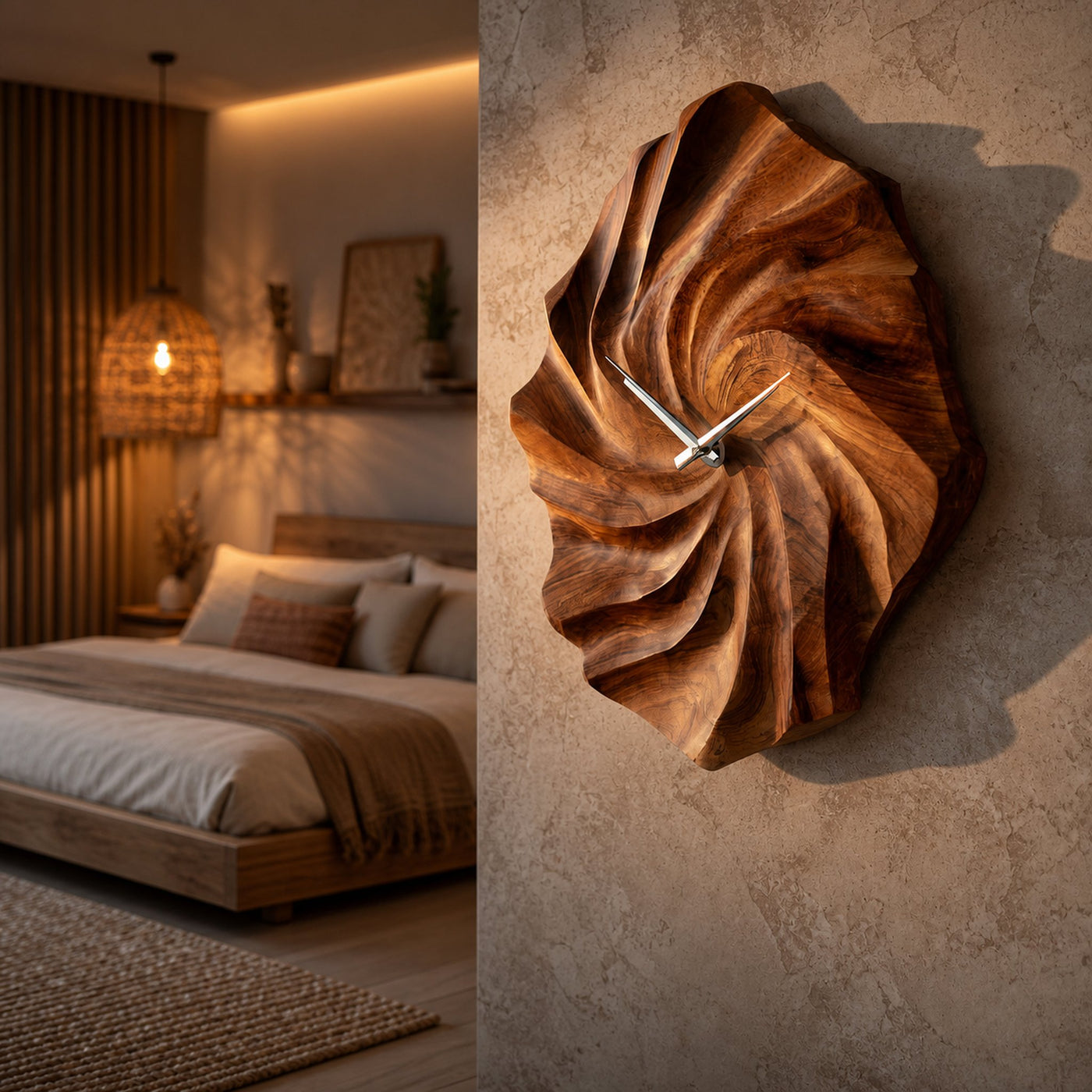 Artistic Wooden Wall Clock With Hand Carved Wave For Statement Bedroom