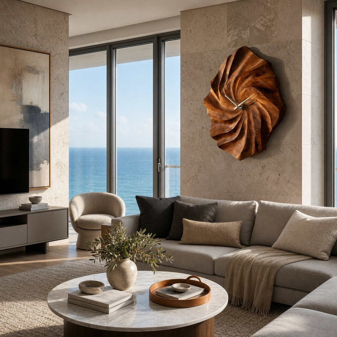 Artistic Wooden Wall Clock With Hand Carved Wave For Statement Bedroom - product view 6
