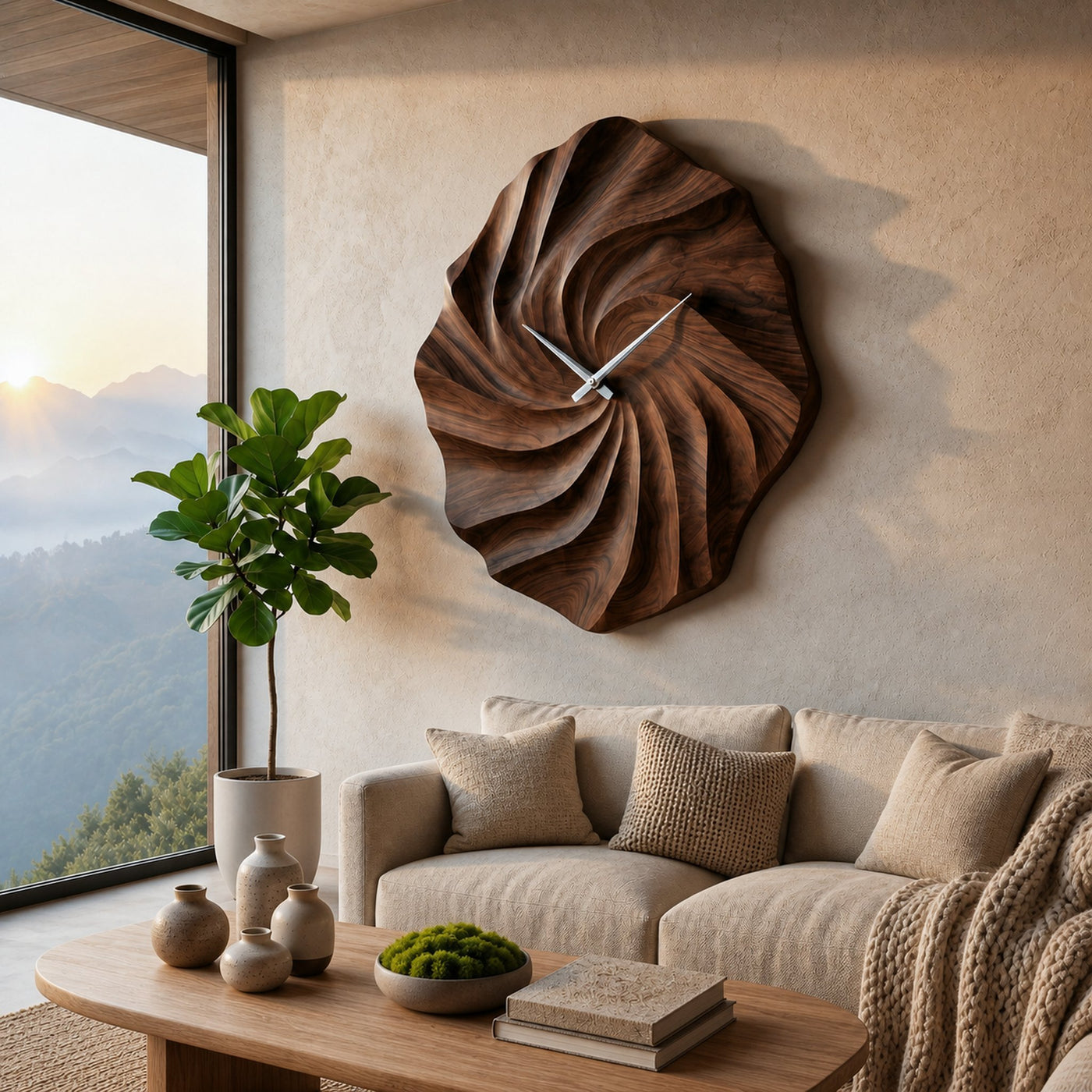 Artistic Wooden Wall Clock With Hand Carved Wave For Statement Bedroom - product view 7