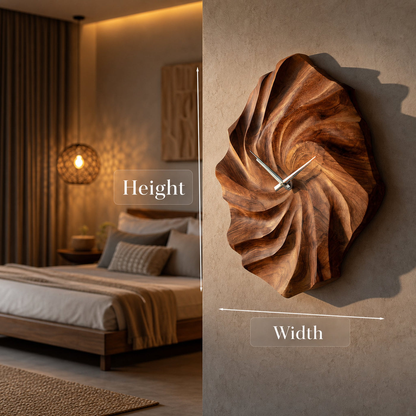 Artistic Wooden Wall Clock With Hand Carved Wave For Statement Bedroom - product view 8