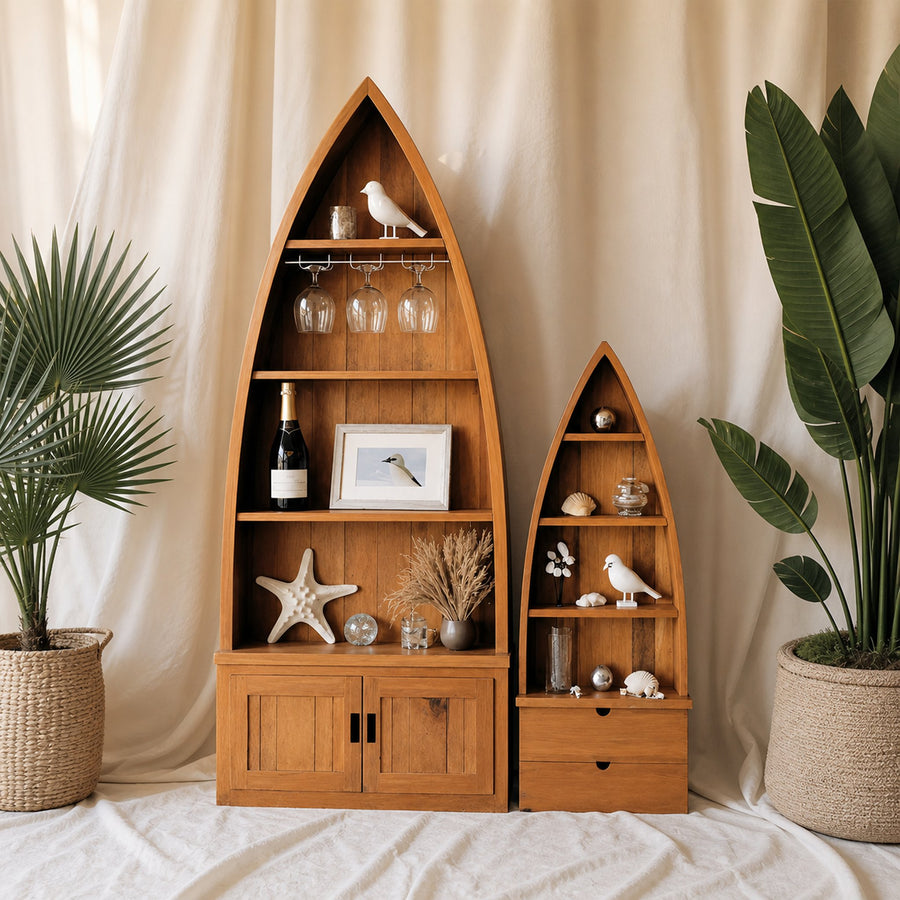 Boat Shaped Display Cabinet With Storage Drawers For Living Room And Entryway