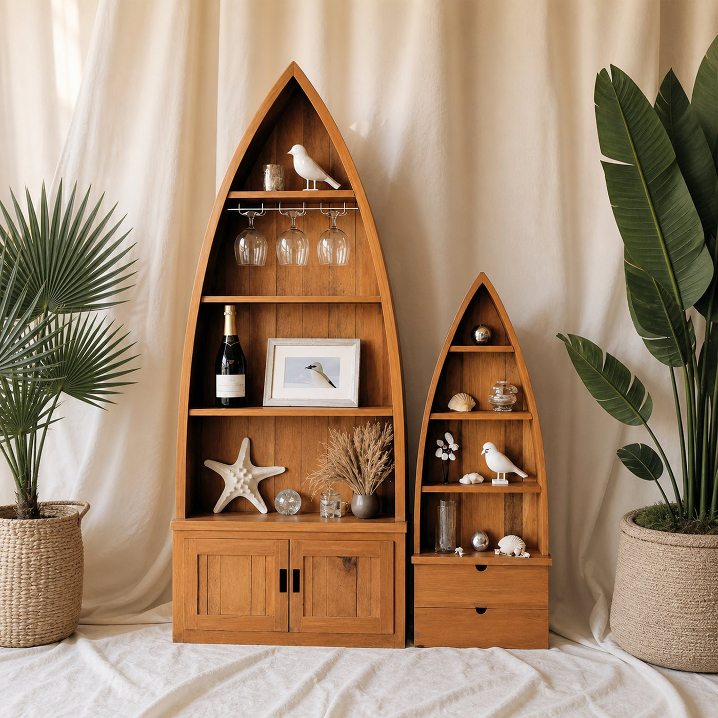 Boat Shaped Display Cabinet With Storage Drawers For Living Room And Entryway