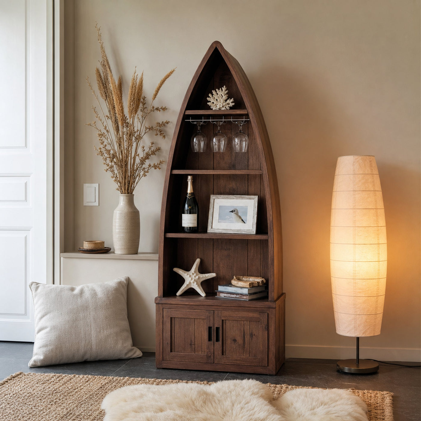 Boat Shaped Display Cabinet With Storage Drawers For Living Room And Entryway - product view 7