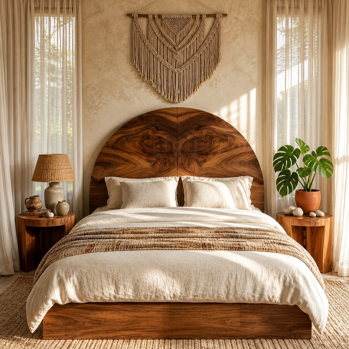 Boho Arch Wood Headboard For Neutral Earth Tone Bedroom