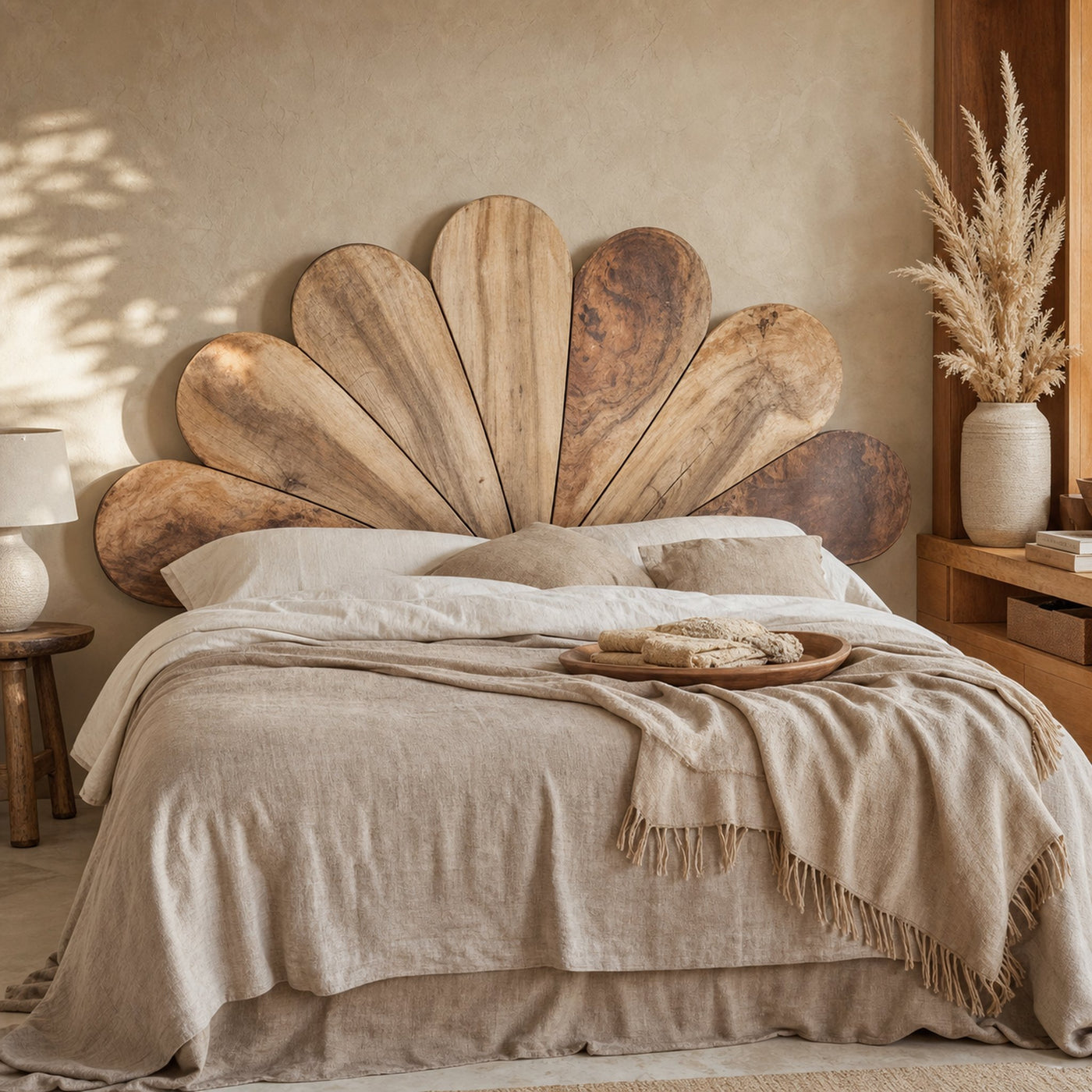 Boho Flower Petal Headboard Bed For Queen And King Bedroom