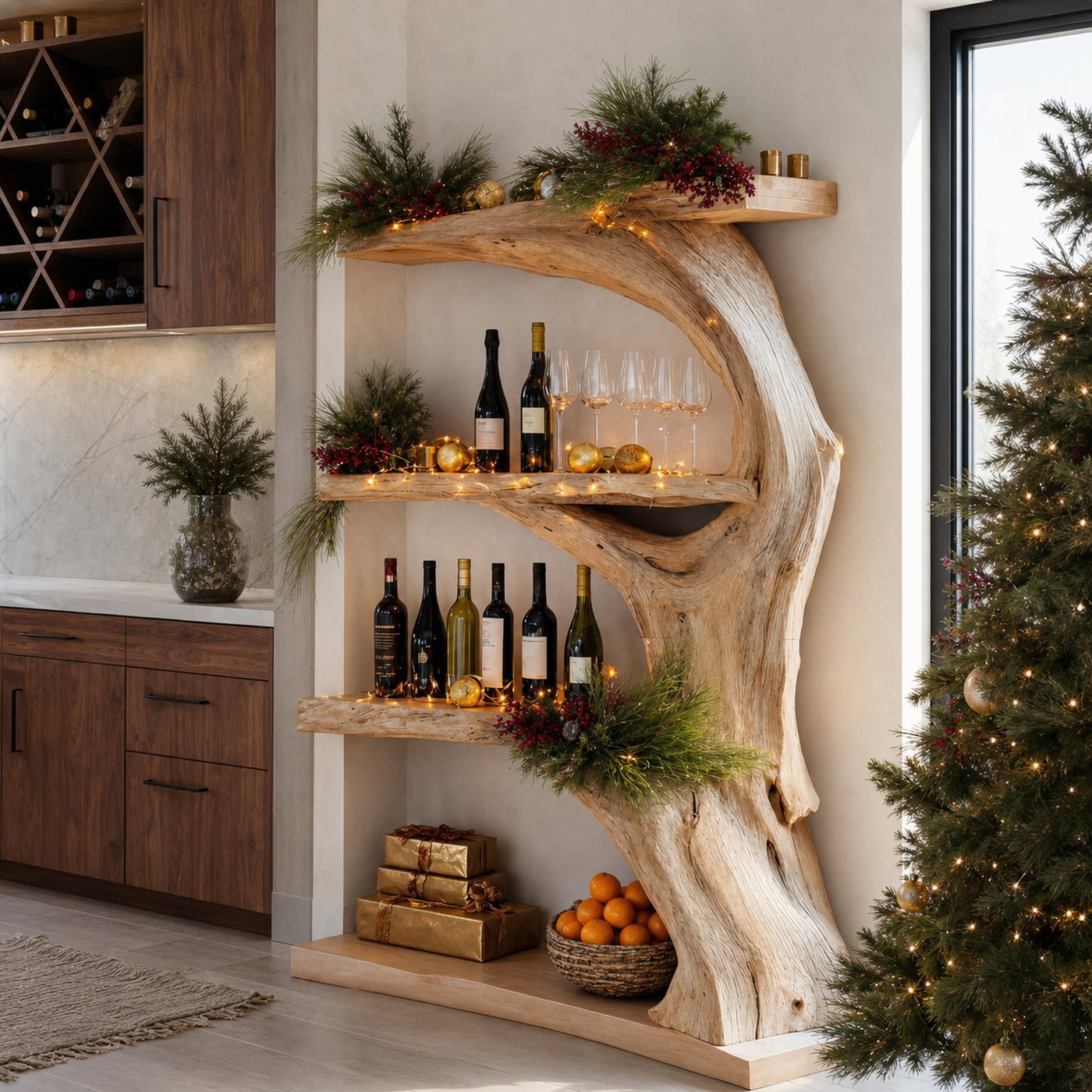 Christmas Rustic Live Edge Shelf For Holiday Decoration