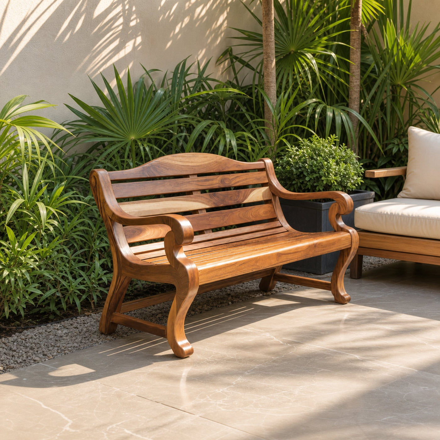 Classic Curved Wood Garden Bench With Sculpted Arms For Patio Or Entryway