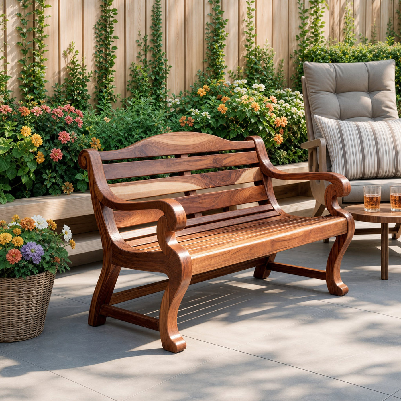 Classic Curved Wood Garden Bench With Sculpted Arms For Patio Or Entryway - product view 6