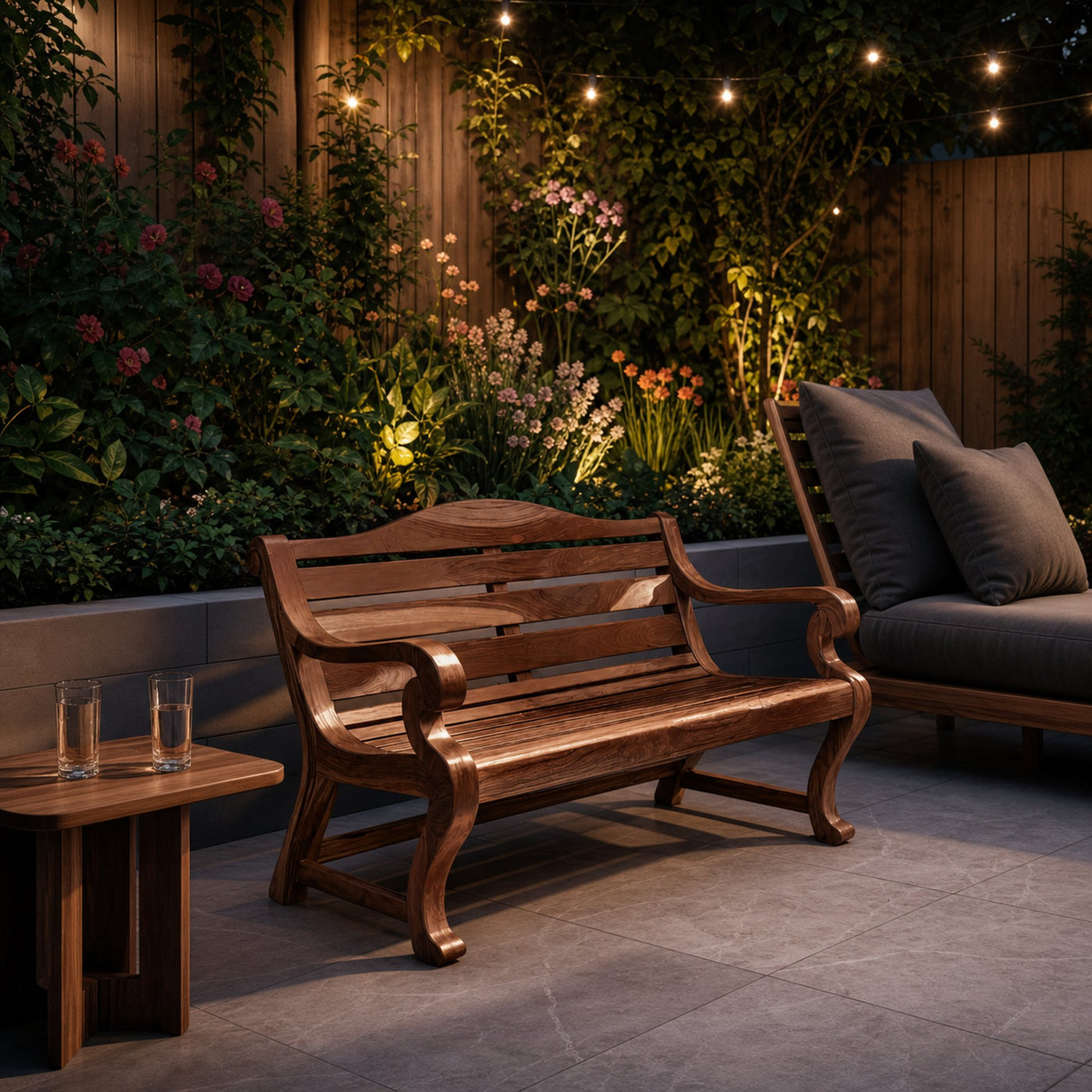 Classic Curved Wood Garden Bench With Sculpted Arms For Patio Or Entryway - product view 7