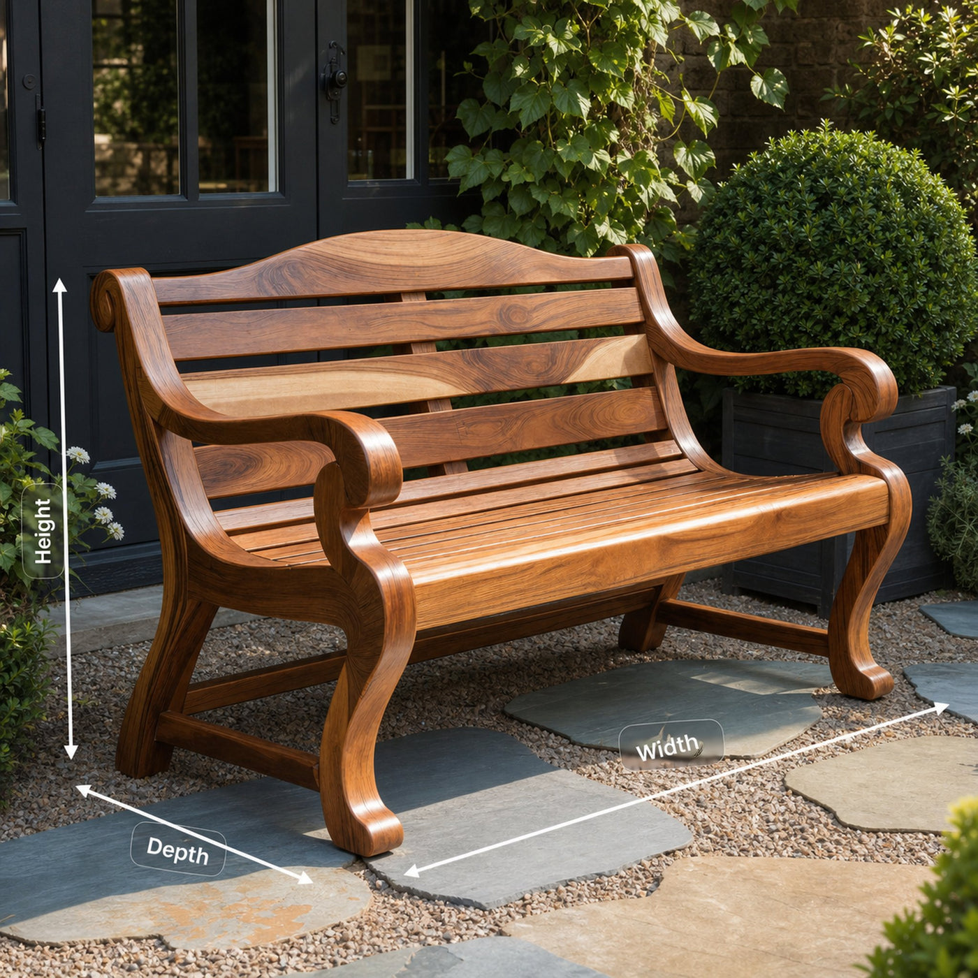 Classic Curved Wood Garden Bench With Sculpted Arms For Patio Or Entryway - product view 8
