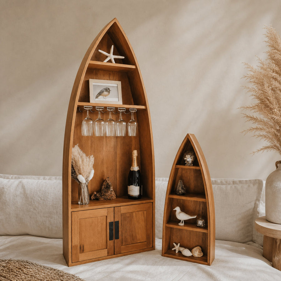 Coastal Boat Shaped Shelf With Glass Rack For Beach House And Living Room