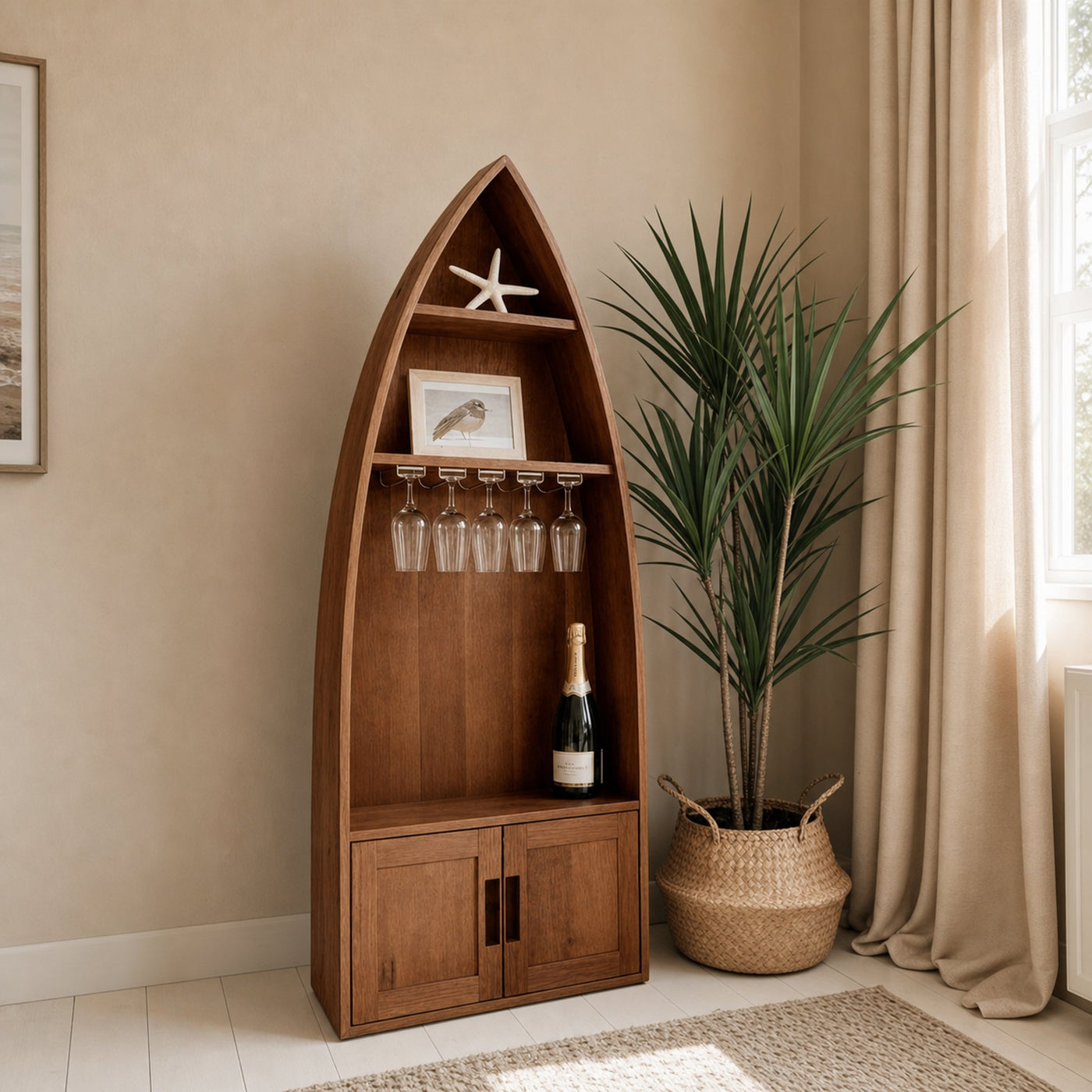 Coastal Boat Shaped Shelf With Glass Rack For Beach House And Living Room - product view 6