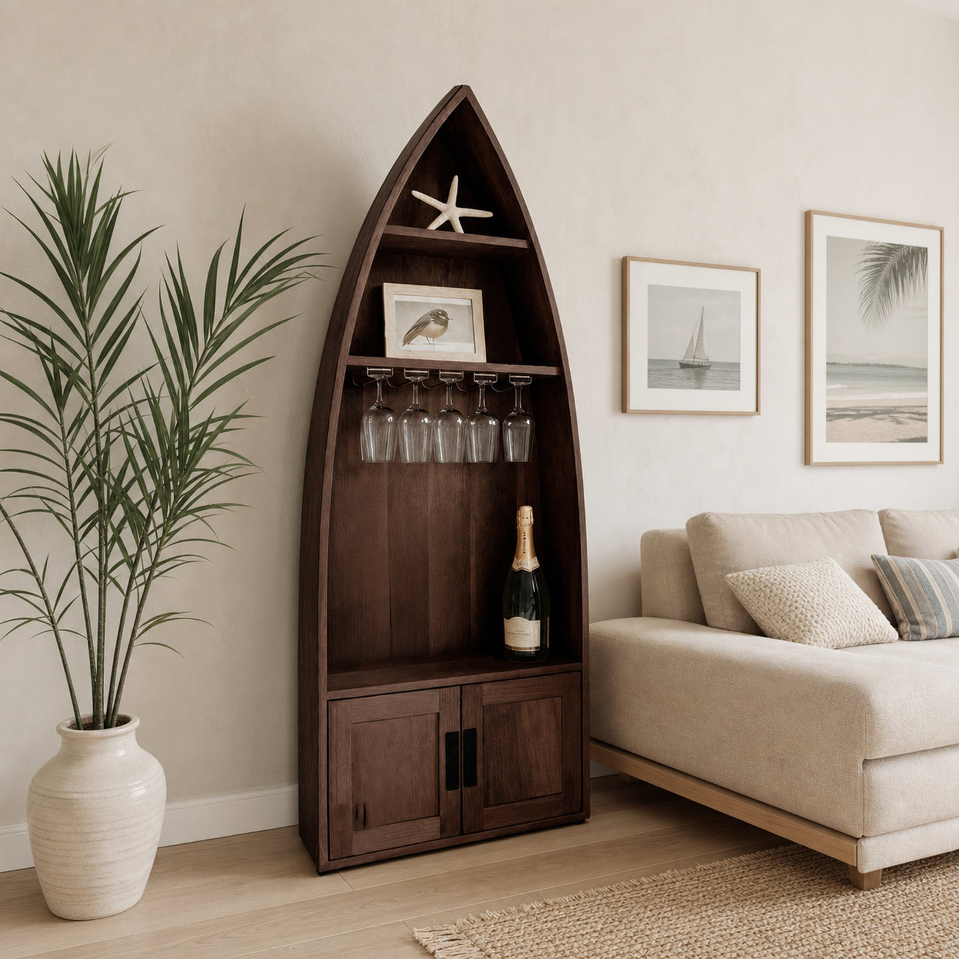 Coastal Boat Shaped Shelf With Glass Rack For Beach House And Living Room - product view 7