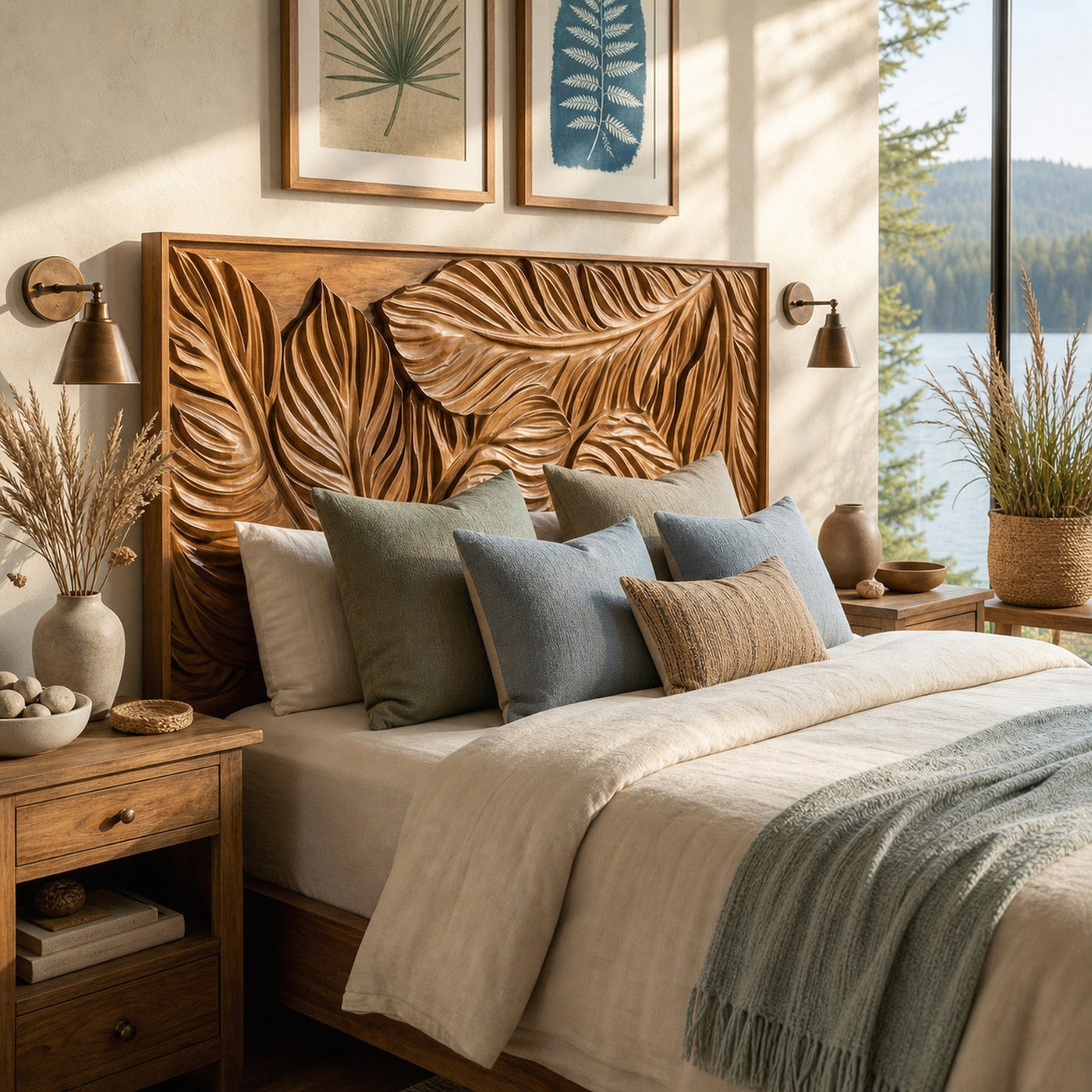 Coastal Botanical Wood Headboard For Organic Bedroom Decor