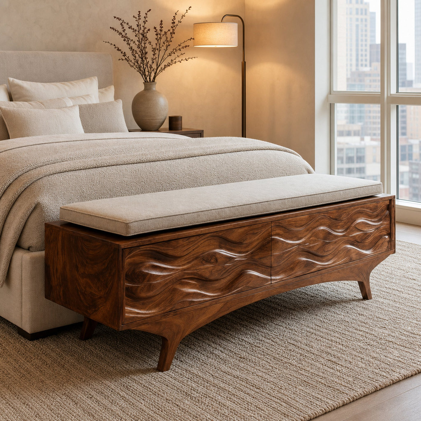Coastal Wave Carved Storage Bench For Entryway - product view 6
