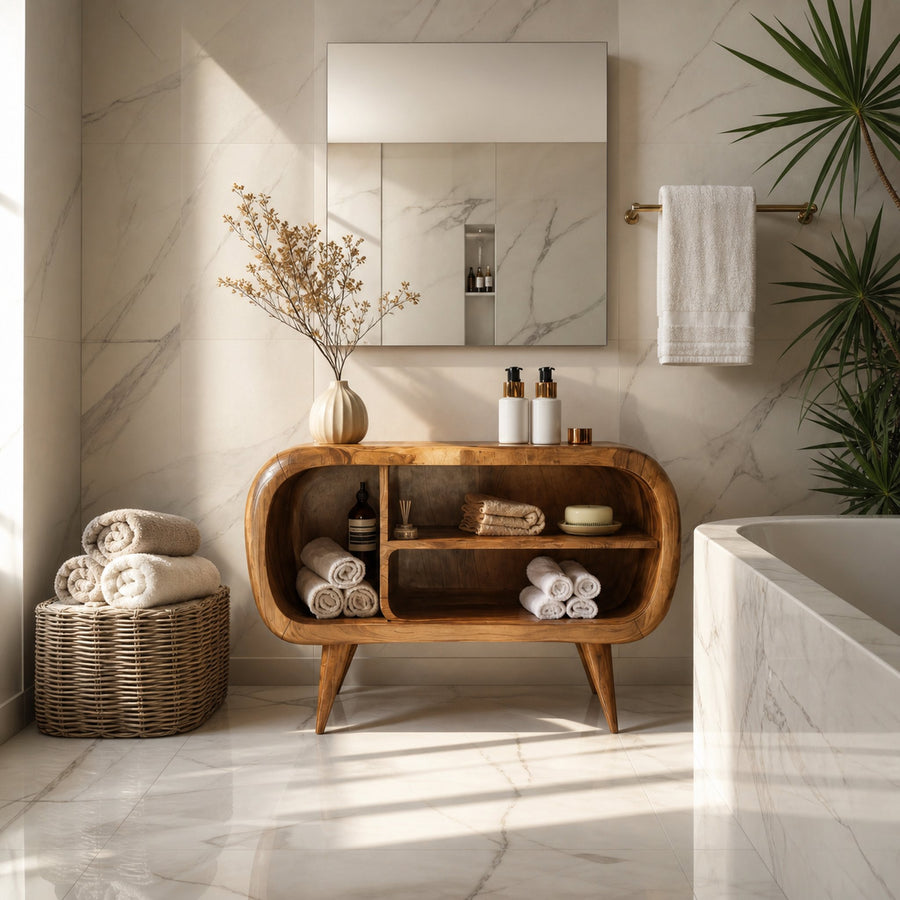 Contemporary Bathroom Cabinet With Curved Double Shelf For Bathroom