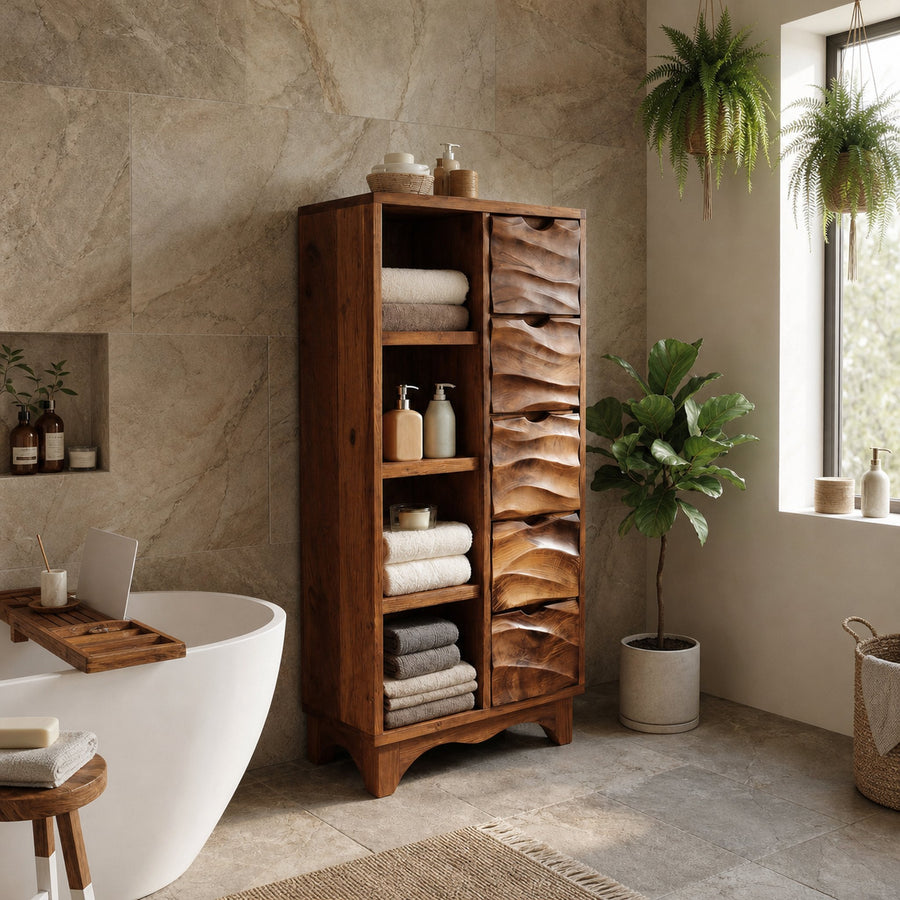 Contemporary Bathroom Cabinet With Open Shelves And Drawers For Spa