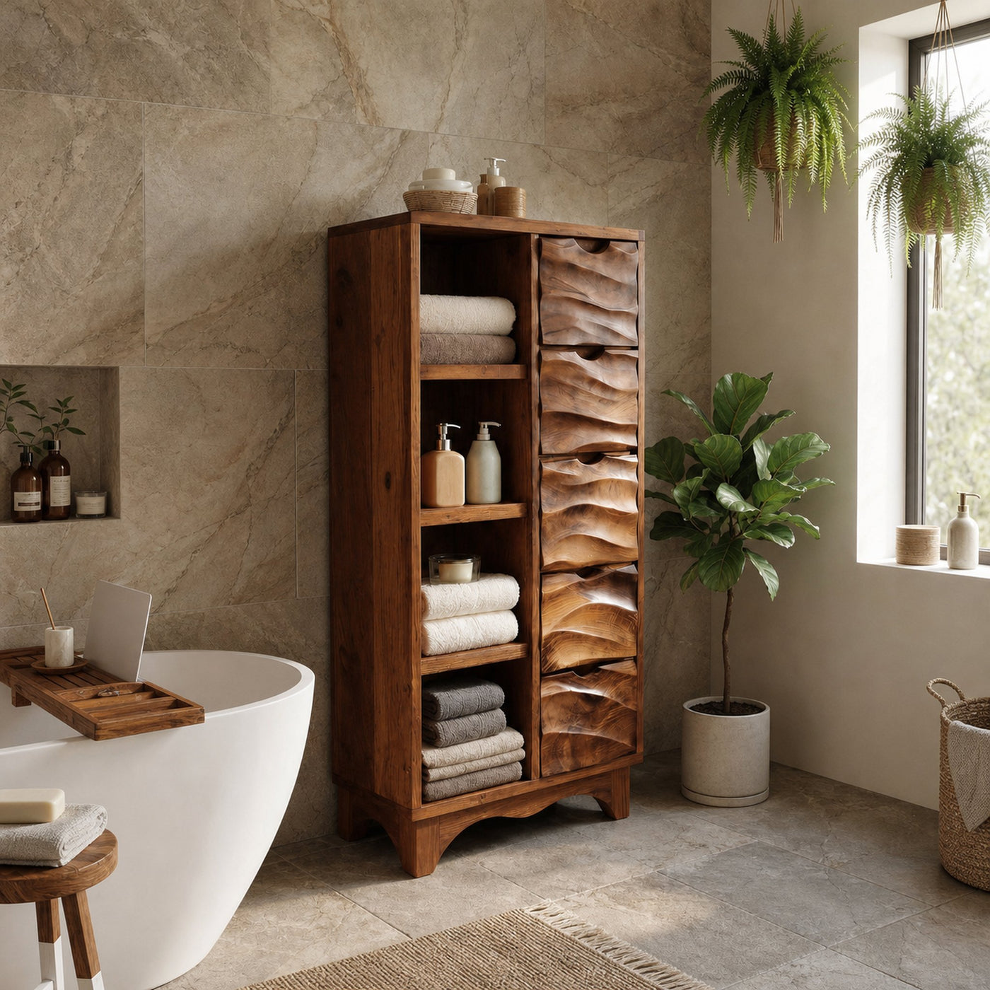 Contemporary Bathroom Cabinet With Open Shelves And Drawers For Spa