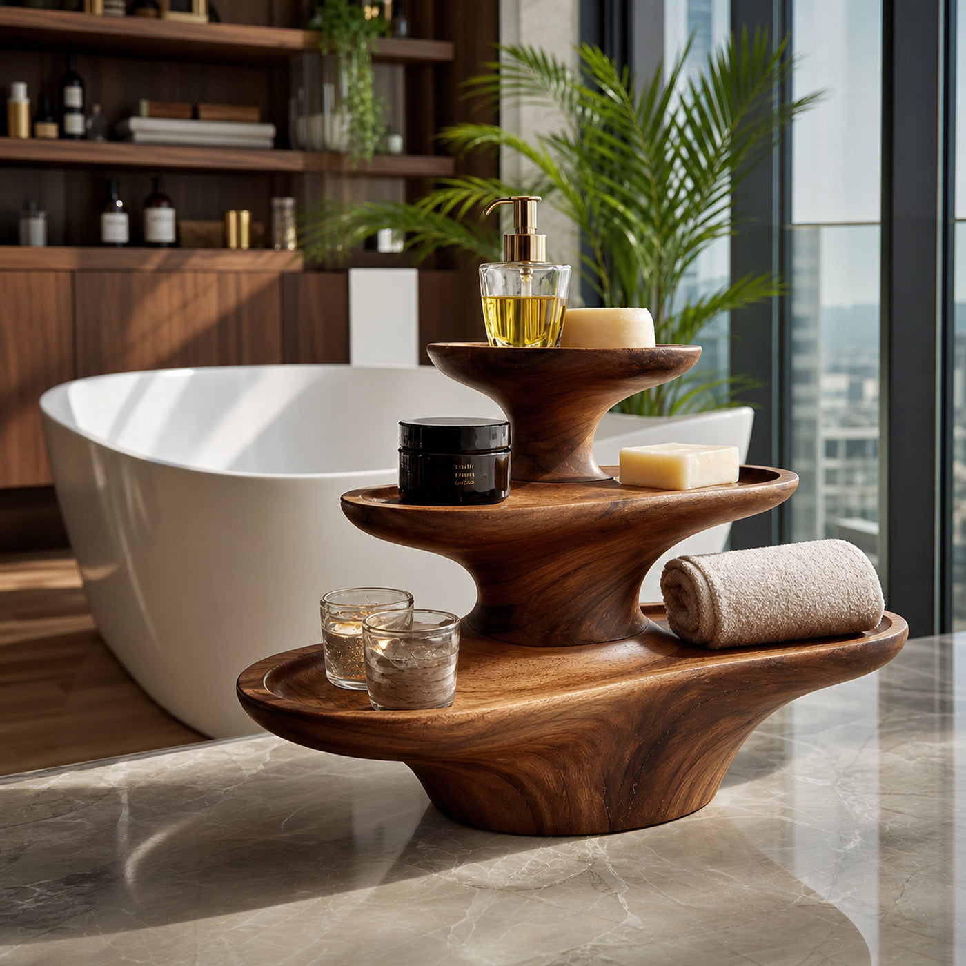 Contemporary Bathroom Shelf With Curved Carved Design For Bathroom