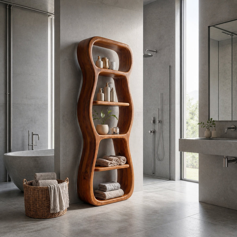 Contemporary Bathroom Storage Cabinet With Unique Sculptural Shape For Bathroom