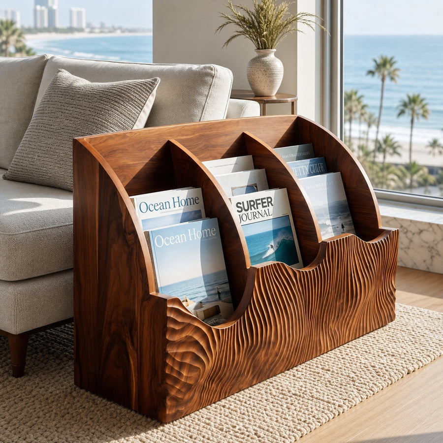 Contemporary Carved Curved Wood Magazine Rack For Living Room