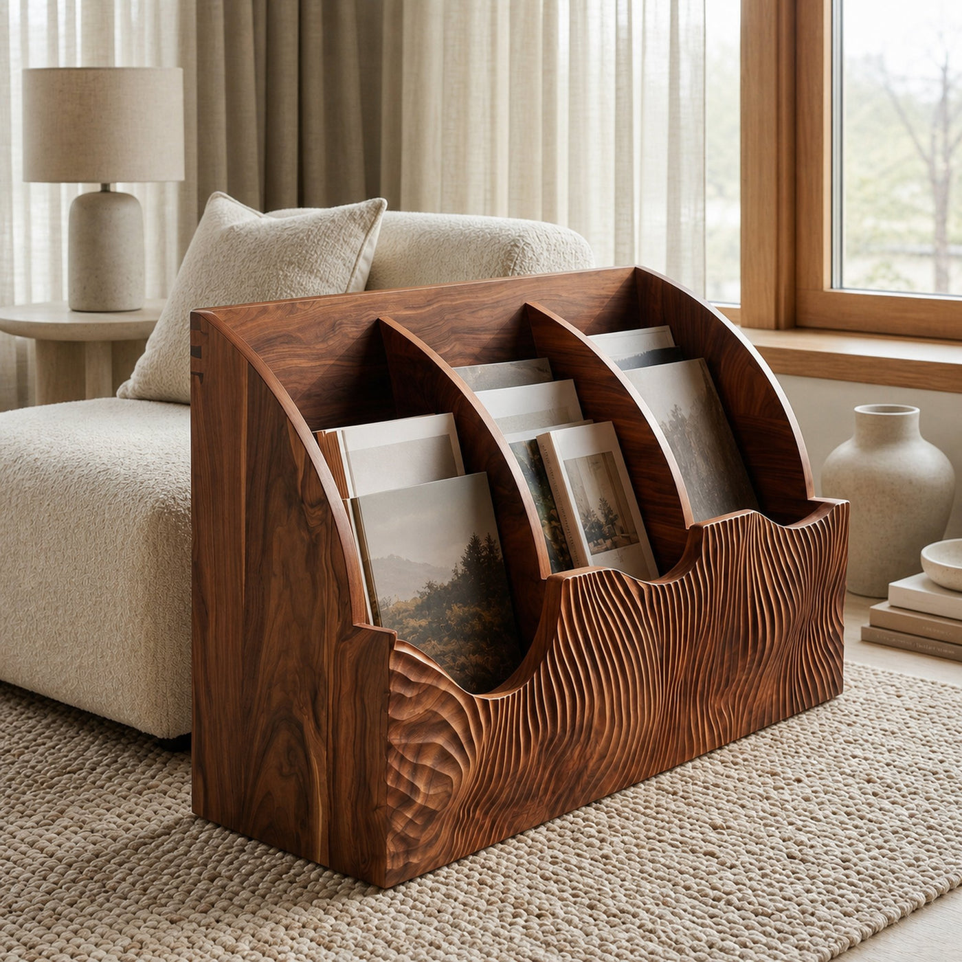 Contemporary Carved Curved Wood Magazine Rack For Living Room - product view 6