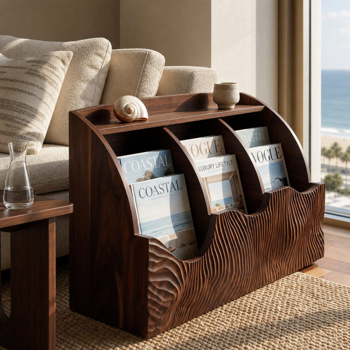 Contemporary Carved Curved Wood Magazine Rack For Living Room - product view 7