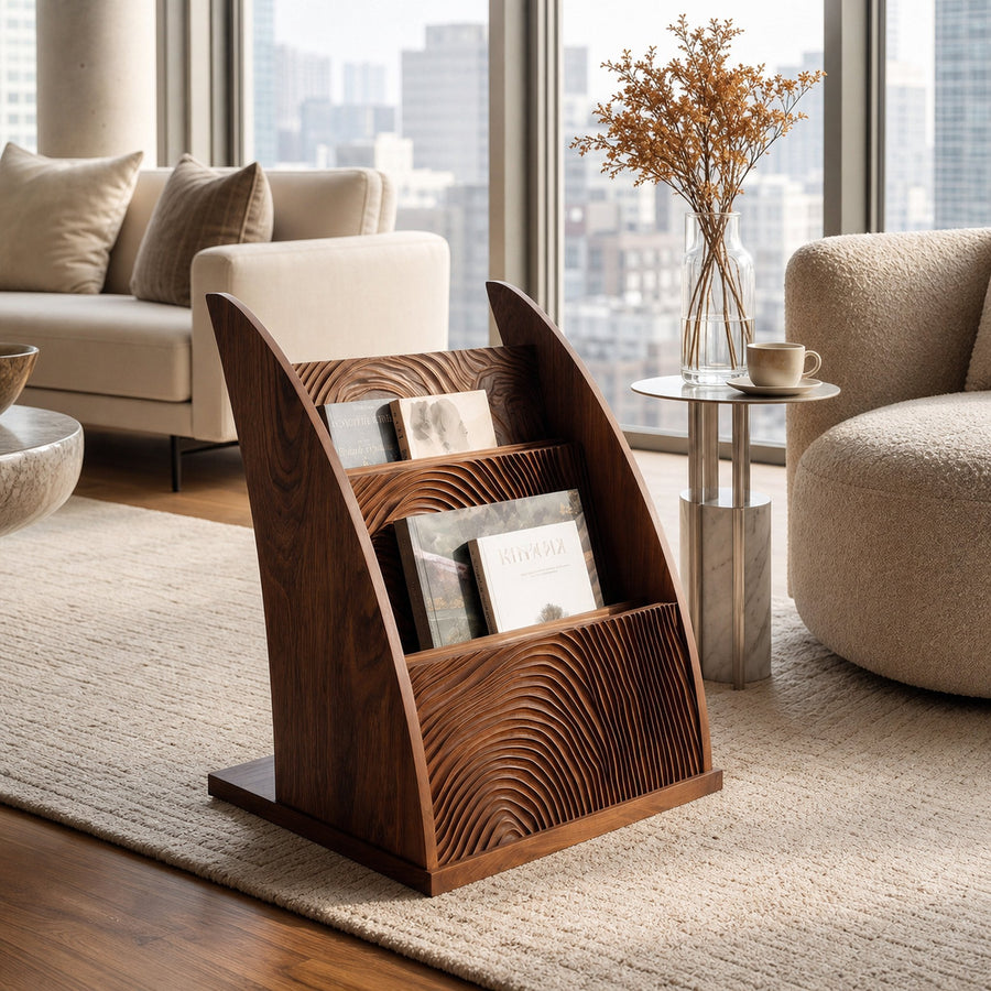 Contemporary Carved Wood Magazine Rack For Reading Corner