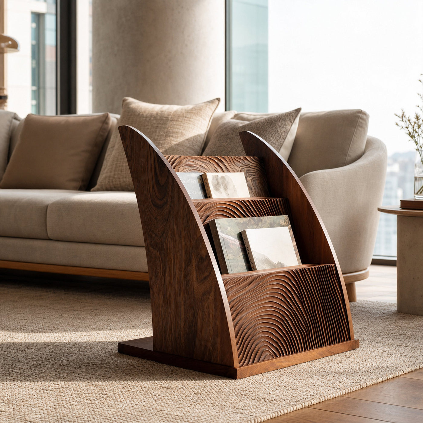 Contemporary Carved Wood Magazine Rack For Reading Corner - product view 6