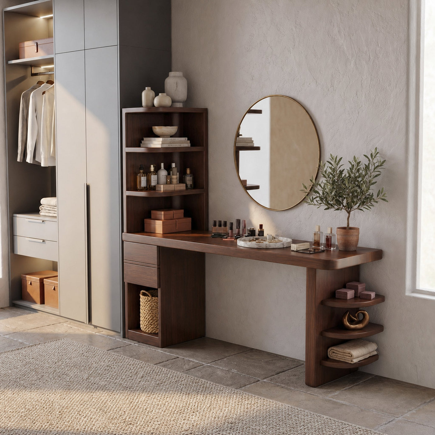Contemporary Corner Makeup Vanity With Vertical Storage Shelves For Bedroom