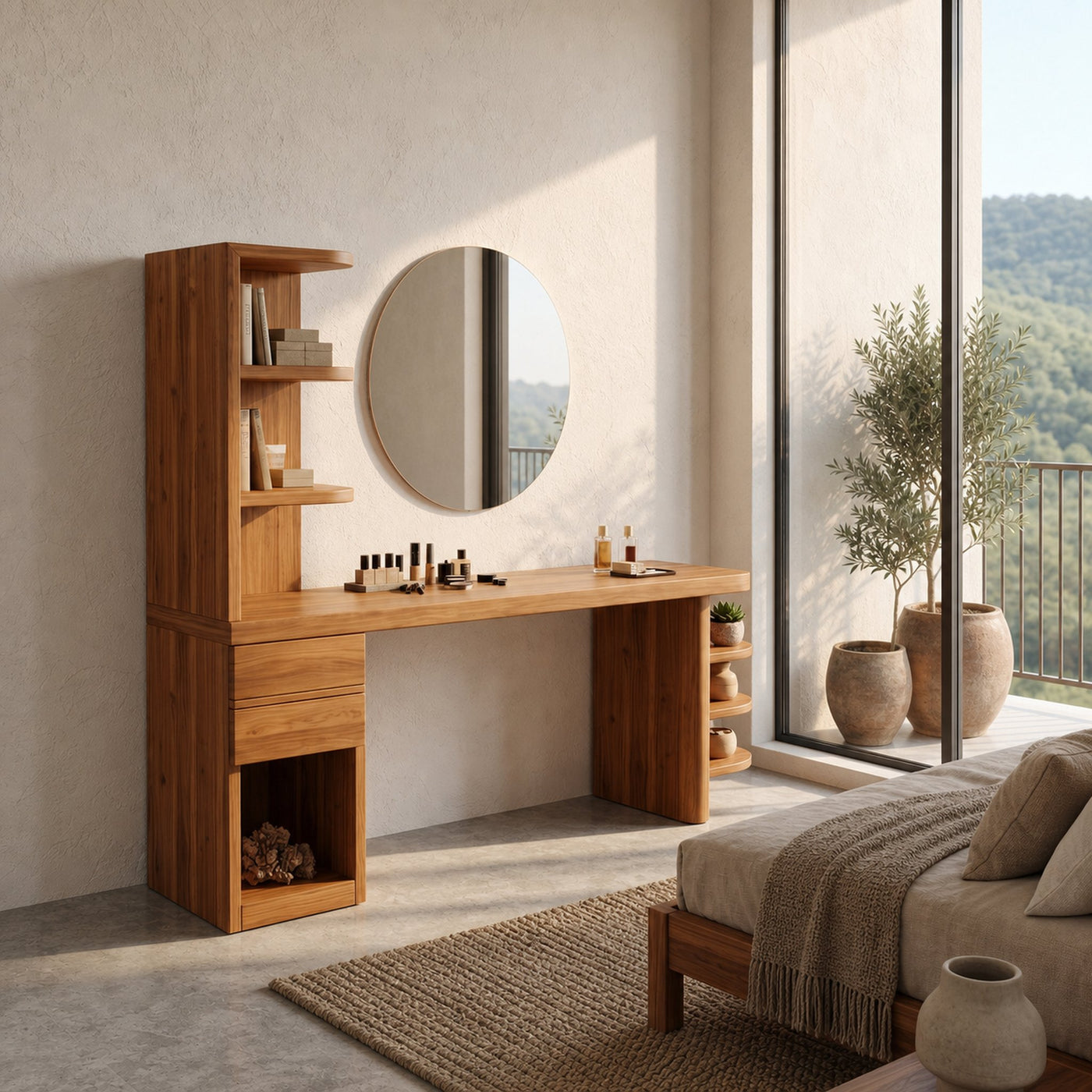 Contemporary Corner Makeup Vanity With Vertical Storage Shelves For Bedroom - product view 6