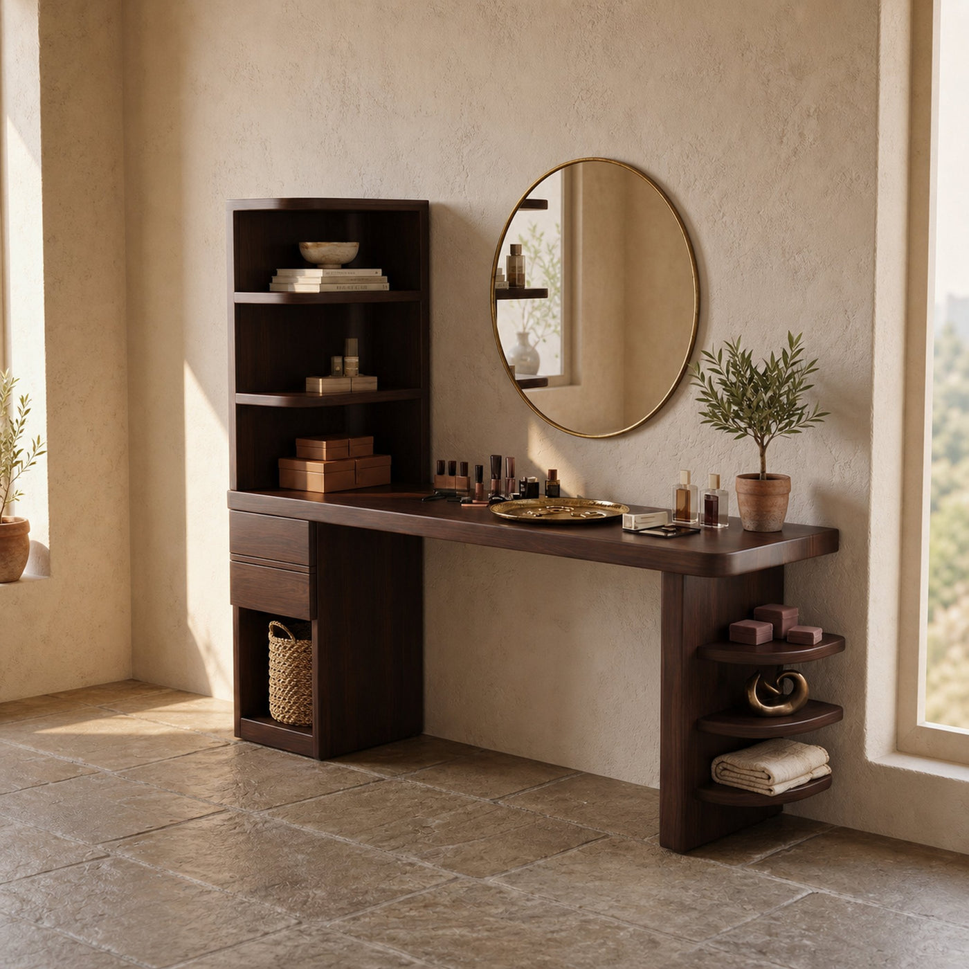 Contemporary Corner Makeup Vanity With Vertical Storage Shelves For Bedroom - product view 7