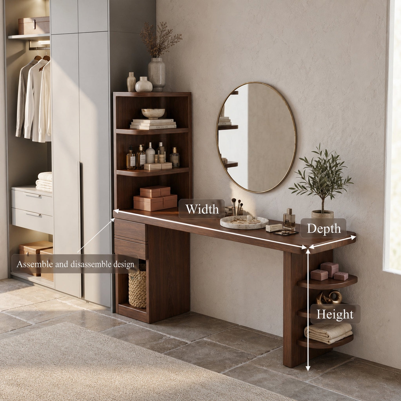 Contemporary Corner Makeup Vanity With Vertical Storage Shelves For Bedroom - product view 8
