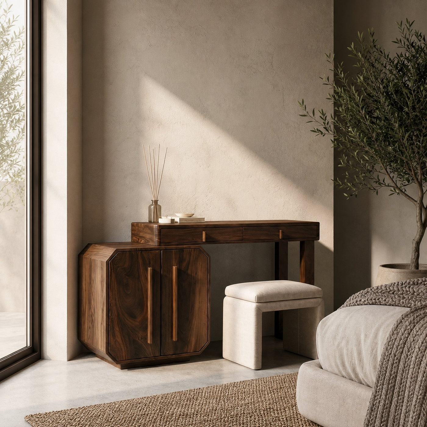 Contemporary Dressing Table With Storage Cabinet Sculptural Design For Bedroom