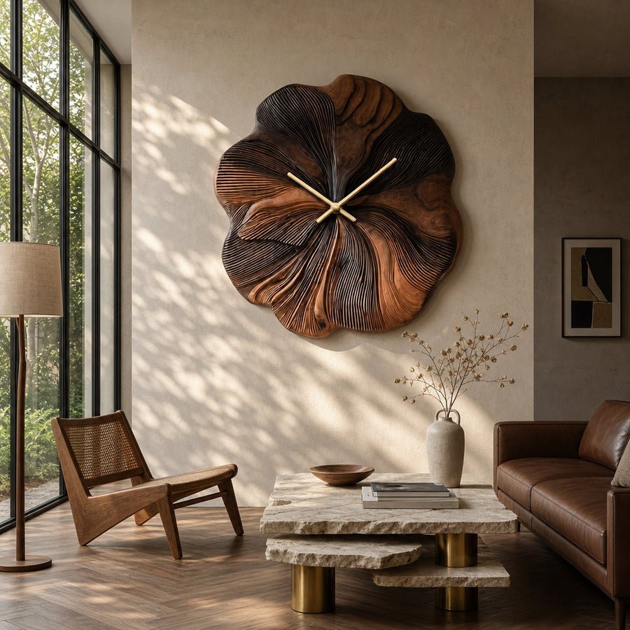 Contemporary Floral Wooden Wall Clock Decor For Living Room