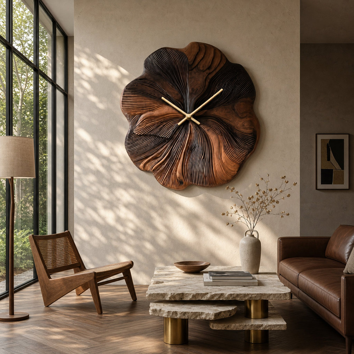 Contemporary Floral Wooden Wall Clock Decor For Living Room