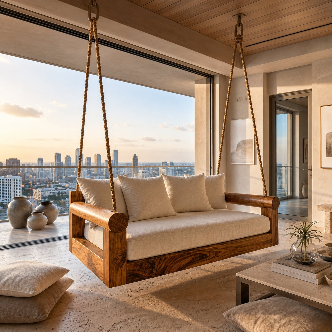 Contemporary Hanging Sofa Swing City View Luxury Apartment