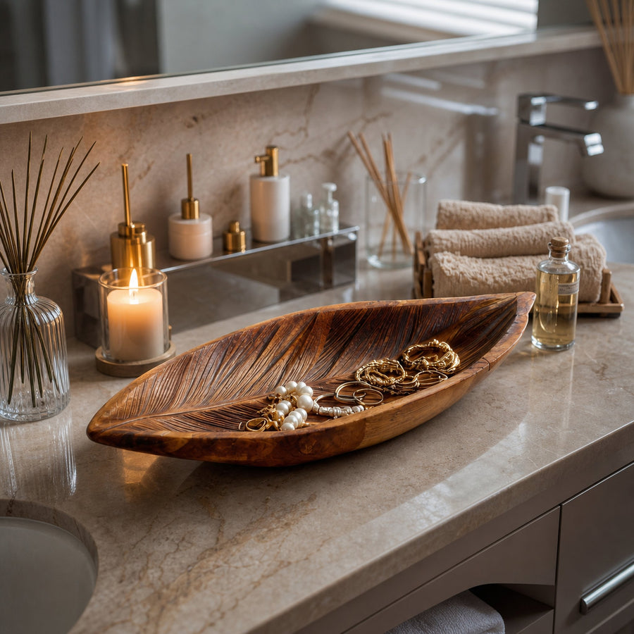 Contemporary Leaf Jewelry Tray Carved For Bathroom Or Bedroom