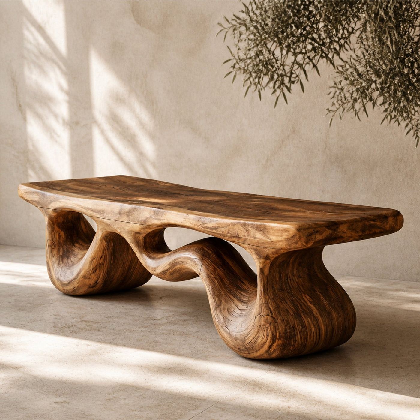 Contemporary Loop Bench Solid Wood Artistic Curved Base Entryway