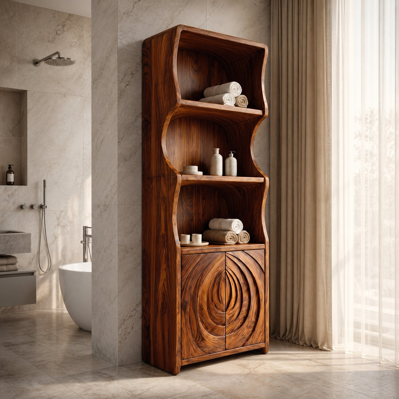 Contemporary Minimal Bathroom Storage Cabinet With Curved Shelves And Wooden Door For Bathroom