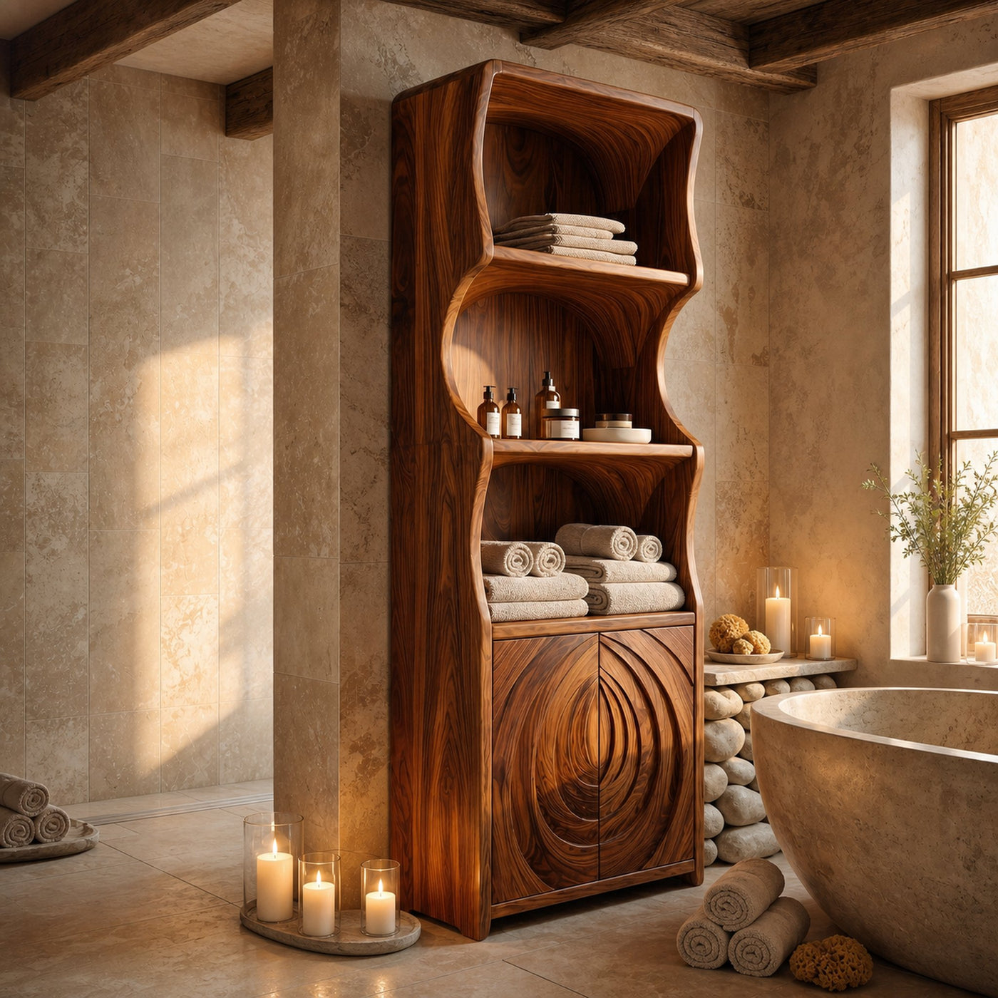 Contemporary Minimal Bathroom Storage Cabinet With Curved Shelves And Wooden Door For Bathroom - product view 6
