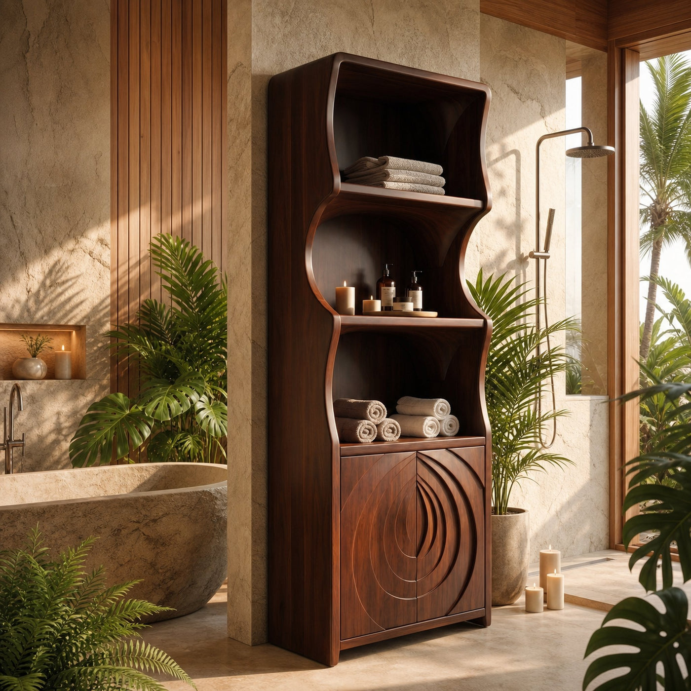Contemporary Minimal Bathroom Storage Cabinet With Curved Shelves And Wooden Door For Bathroom - product view 7