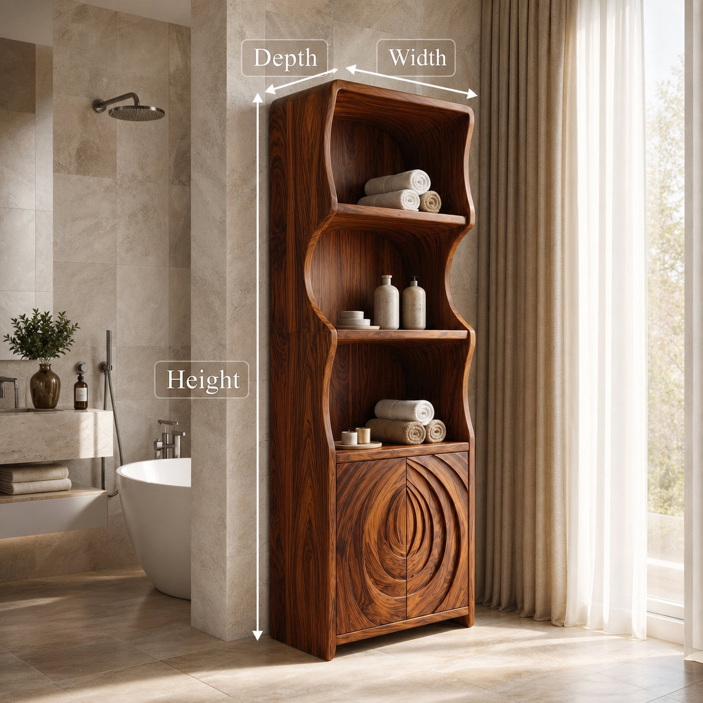 Contemporary Minimal Bathroom Storage Cabinet With Curved Shelves And Wooden Door For Bathroom - product view 8