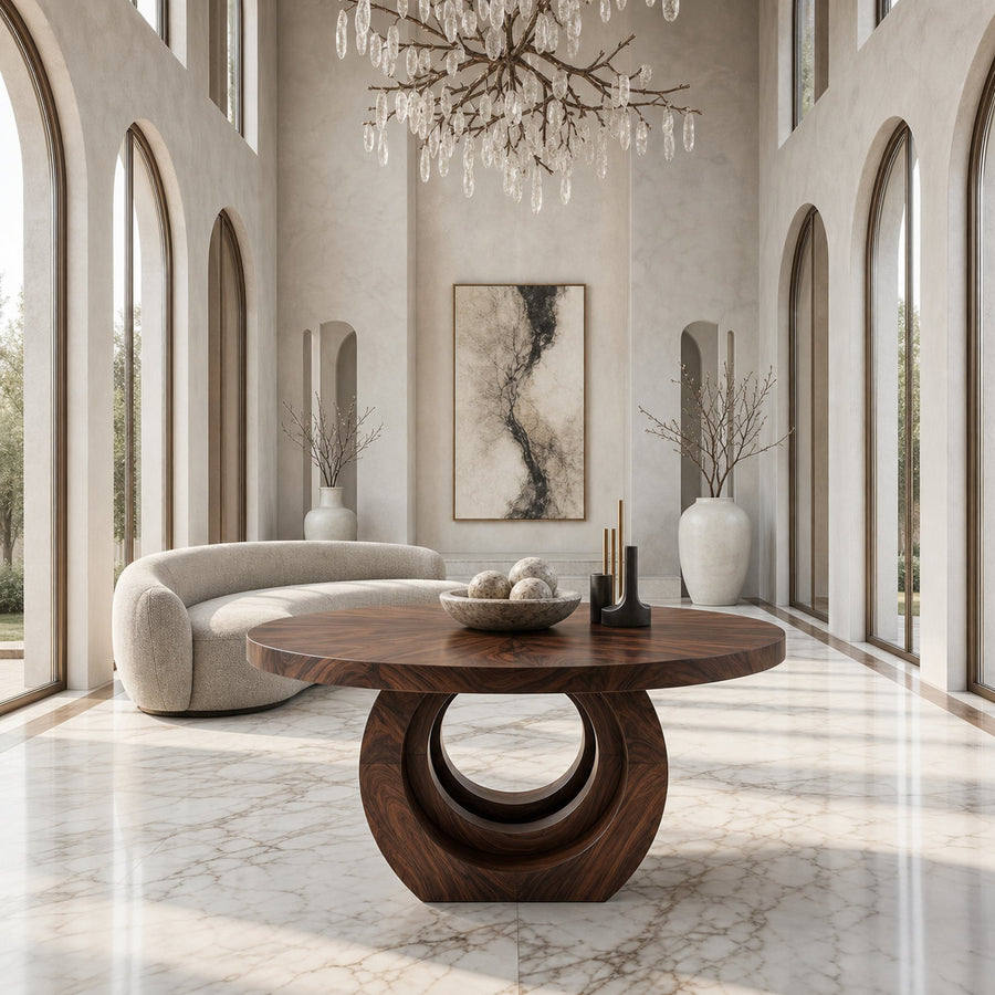 Contemporary Round Foyer Table With Sculptural Open Ring Base For Entryway And Hallway