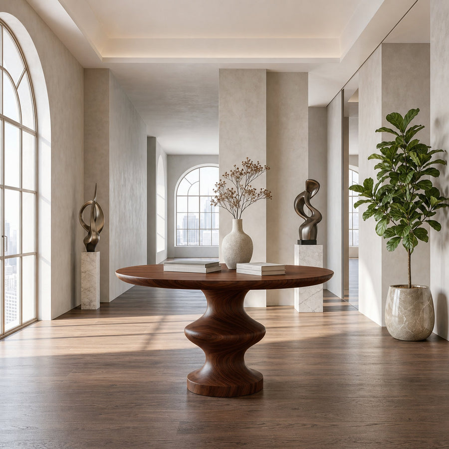 Contemporary Round Foyer Table With Turned Solid Wood Pedestal Base For Entryway And Hallway