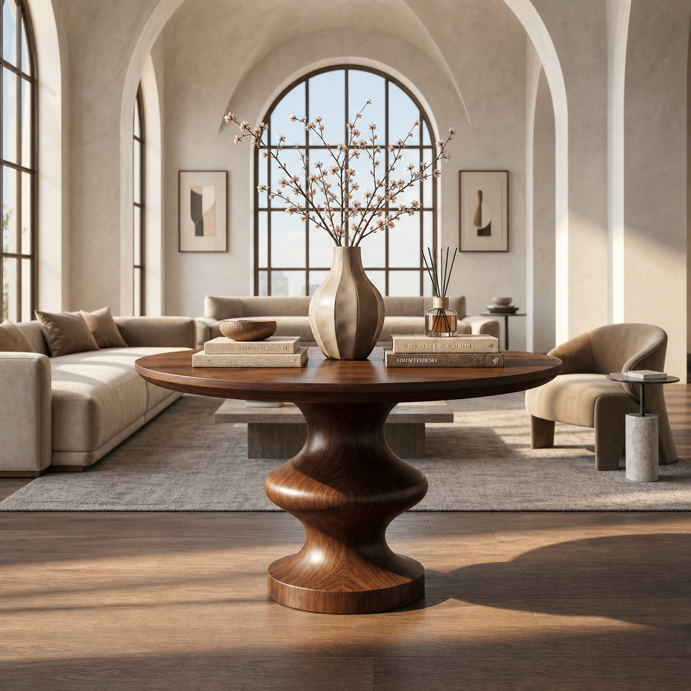 Contemporary Round Foyer Table With Turned Solid Wood Pedestal Base For Entryway And Hallway - product view 7