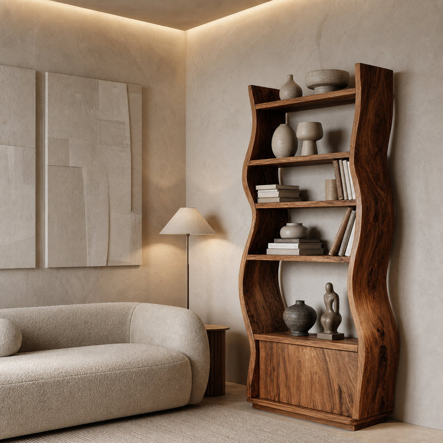 Contemporary Sculptural Wooden Standing Shelf For Home